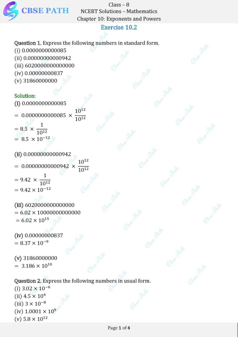 Ncert solutions for class 8 maths exercise 10 2 exponents and powers