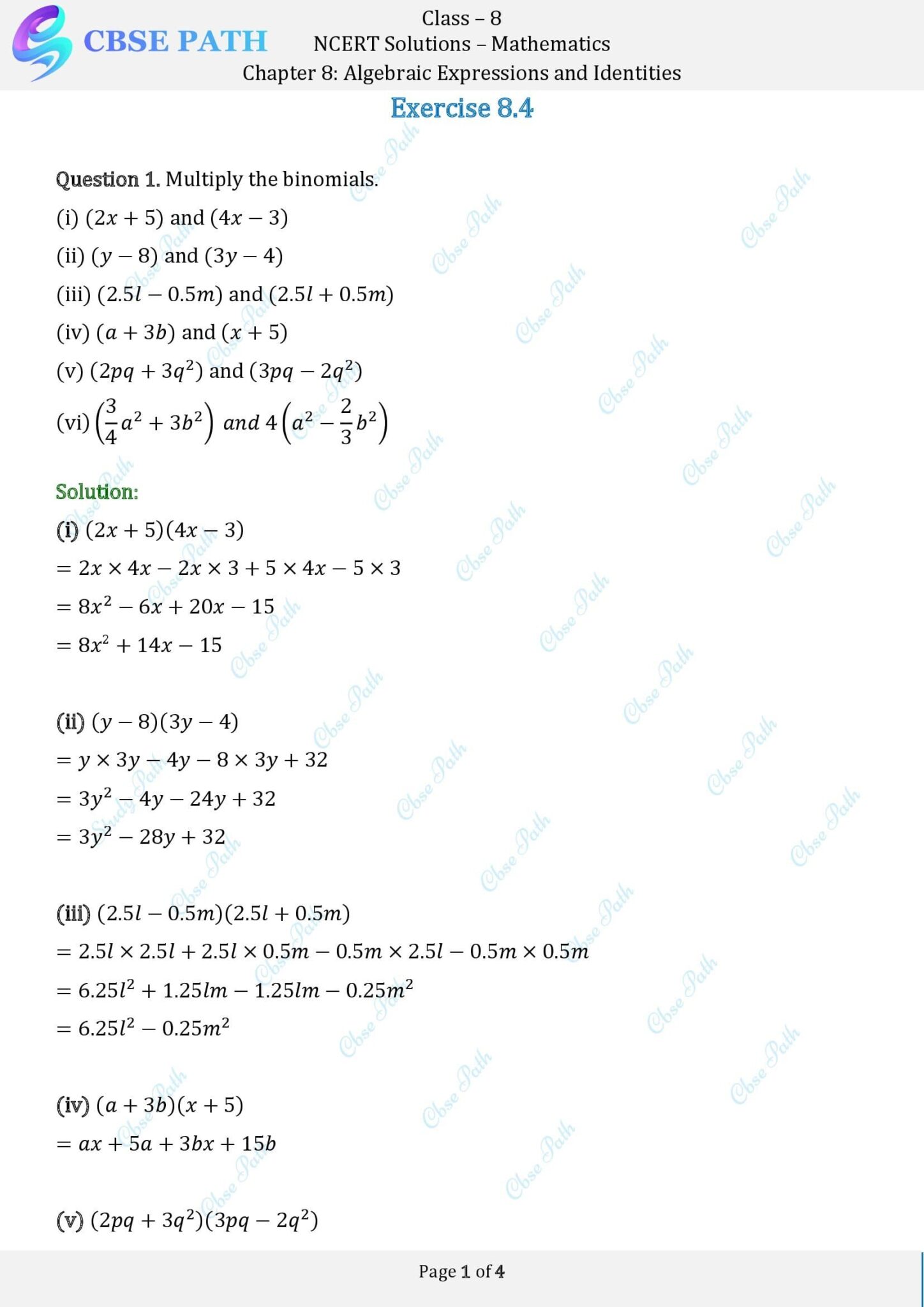 NCERT Solutions for Class 8 Maths Exercise 8.4 Algebraic Expressions ...
