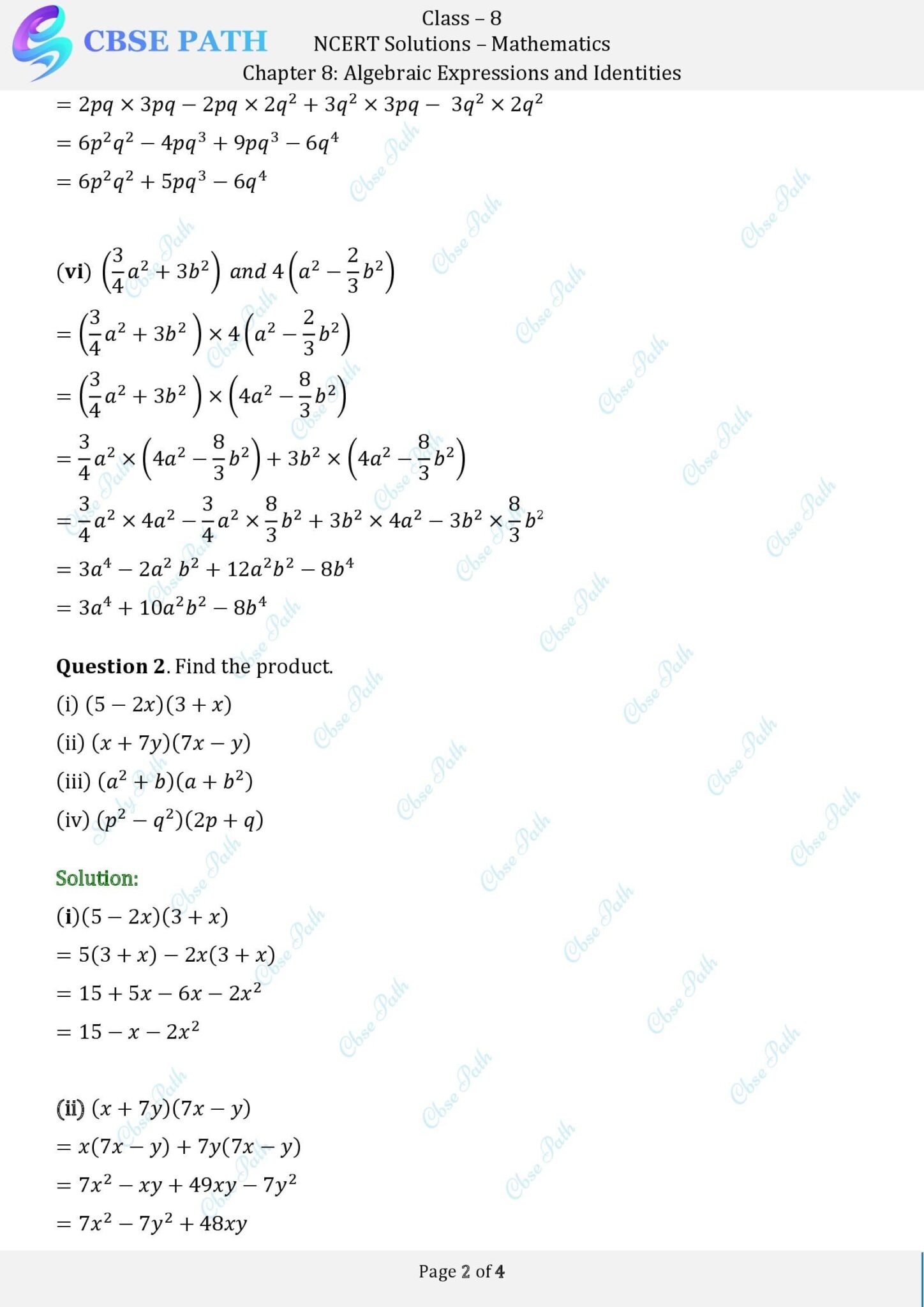 NCERT Solutions for Class 8 Maths Exercise 8.4 Algebraic Expressions ...